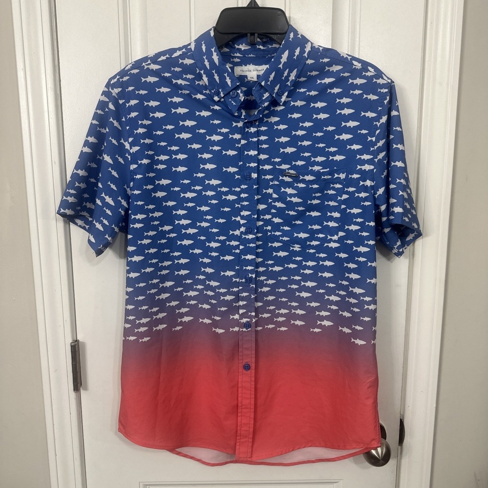 Vintage Summer Men's Collared Short Sleeve Fish Print Button Front Medium